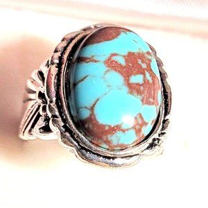 New Vintage Silver Style Sculpted Band Turquoise Cabochon Fashion Ring Size 8